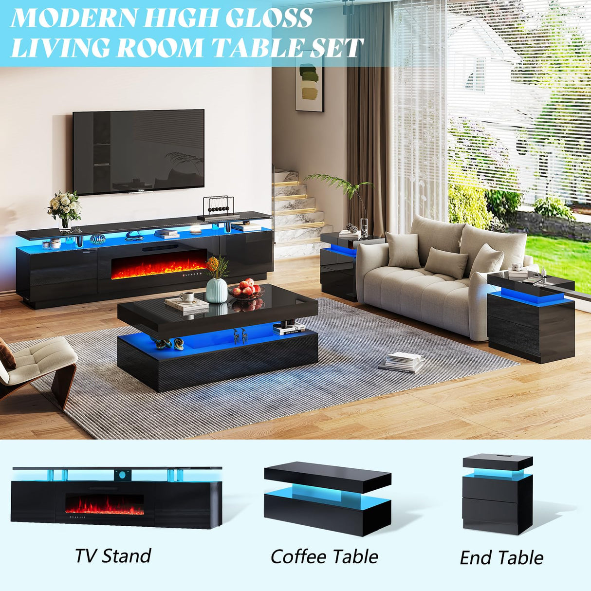 AMERLIFE High Gloss 3 Pieces Living Room Table Set, Modern LED Coffee Table Sets of 3, 2-Tier Center Table with 2 End Side Tables, LED Lights Bedside Table Nightstands with Charging Station, Black AMERLIFE