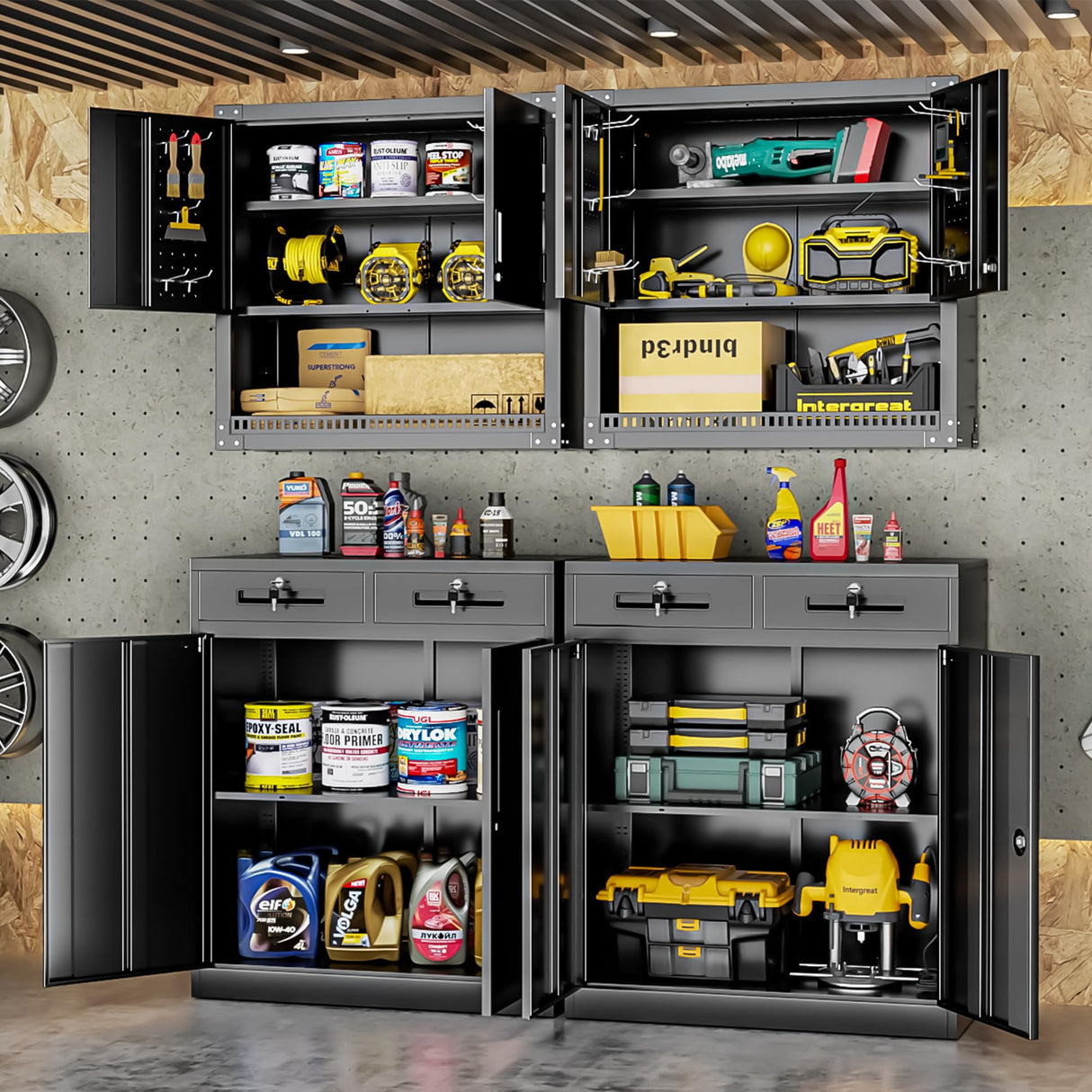 INTERGREAT Metal Storage Cabinet with 2 Drawers, 42” Black Steel Garage Storage Cabinet with 2 Doors and Adjustable Shelves, Office Storage Cabinet with Lock for School, Home INTERGREAT