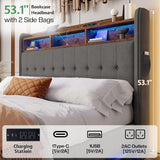 Jocisland 53.1" H Queen Size Bed Frame with Hydraulic Lift Up Storage, RGB LED & Built-in Bookcase Headboard, Velvet Upholstered Wingback Design, No Box Spring Needed, Dark Grey Jocisland