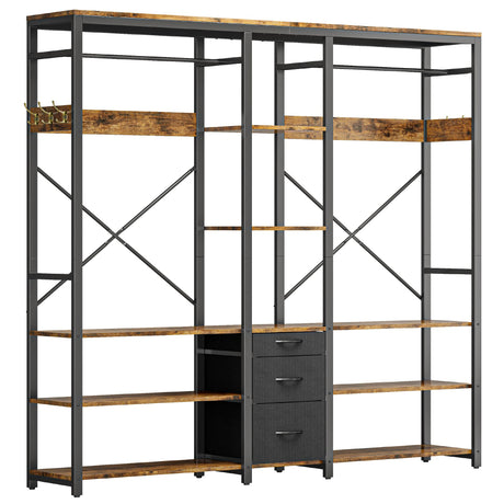 IRONCK Garment Rack With Shelves 3 Drawers, Heavy Duty Closet Organizers with Hanging Clothes, Freestanding Closet Wardrobe Rack, Vintage Brown IRONCK