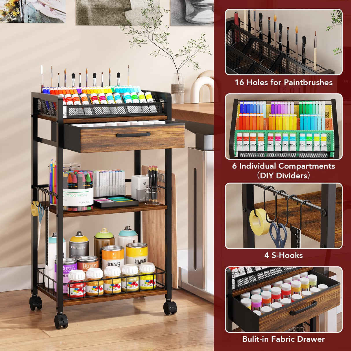 Homsorout 3 Tier Rolling Cart - Metal Utility Cart with Storage Drawer and Wheels, Versatile Art & Craft Organizer for Home, Office, or Studio Ideal for Storing Brushes, Paints, and Supplies Brown Homsorout