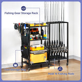 TC-HOMENY 16-Rod Fishing Rod Holder for Garage, Fishing Pole Rack Cart Fit All Fishing Rods, 3 Tier Fishing Tackle Storage Organizer Rack with Storage Bag, For Living Room TC-HOMENY