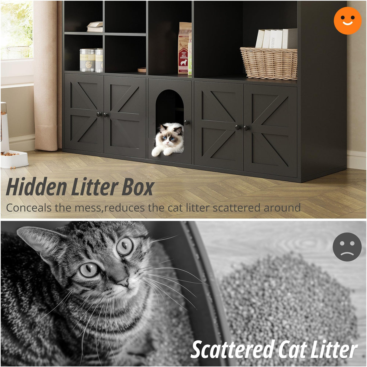IRONCK Cat Litter Box Enclosure for 2 Cats, Litter Box Furniture Hidden with Double Room and Large Storage Space, Wooden Washroom Furniture, Cat House, Black IRONCK