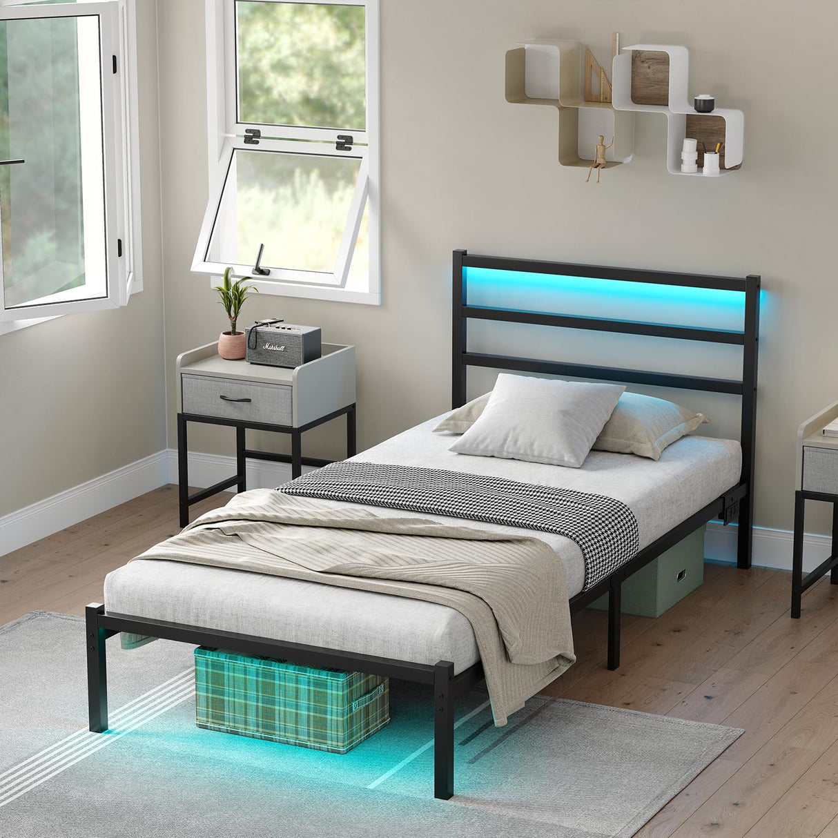 CollaredEagle Twin Size Bed Frame with Headboard, Metal Platform Bed Frame with LED, Charging Station, No Box Spring Needed, Easy Assembly, Noise Free, Black CollaredEagle