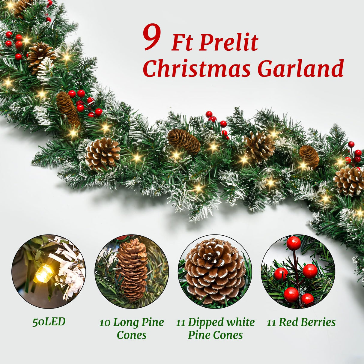 9 FT Christmas Garland with Lights,Battery Operated Lighted Garland with Pine Cones Red Berries Lush Branches,50 LED Lights 8 Modes,Christmas Decor Mantle Fireplace Indoor Outdoor Home Beinhome