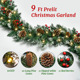 9 FT Christmas Garland with Lights,Battery Operated Lighted Garland with Pine Cones Red Berries Lush Branches,50 LED Lights 8 Modes,Christmas Decor Mantle Fireplace Indoor Outdoor Home Beinhome