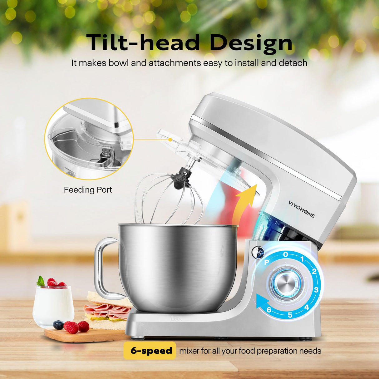 VIVOHOME 7.5 Quart Stand Mixer, 660W 6-Speed Tilt-Head Kitchen Electric Food Mixer with Beater, Dough Hook, Wire Whip, and Egg Separator, Silver VIVOHOME