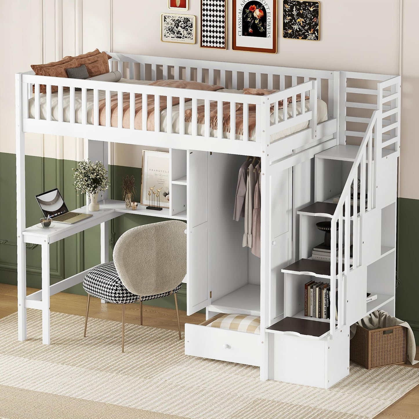 DRELOFT Twin Loft Bed with Desk, Stairs, Shelves, and Wardrobe in White - WoodArtSupply