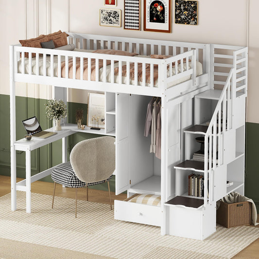 Bellemave Twin Size Loft Bed with Desk, Multifunctional Loft Beds Twin with Stairs, Bookshelf, Wardrobe and Drawer for Kids Boys Girls Bedroom, Solid Wood Loft Bed Frame with Storage (White)