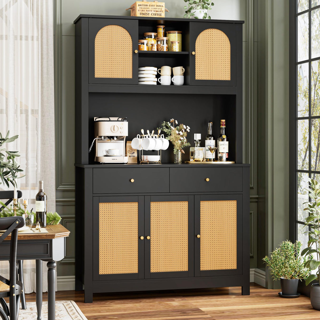 FINETONES 71" Kitchen Pantry Cabinet, Black Pantry Cabinet with Microwave Stand & Charging Hole, Freestanding Kitchen Hutch with Drawers and Adjustable Shelves, Kitchen Rattan Cabinet for Kitchen FINETONES