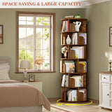 Aheaplus 6 Tier Rotating Bookshelf, Wood Spinning Bookshelf Tower, Round Revolving 360 Bookcase, Narrow Turning Book Shelf Rolling Corner Organizer for Small Space, Bedroom, Office, Rustic Brown Aheaplus