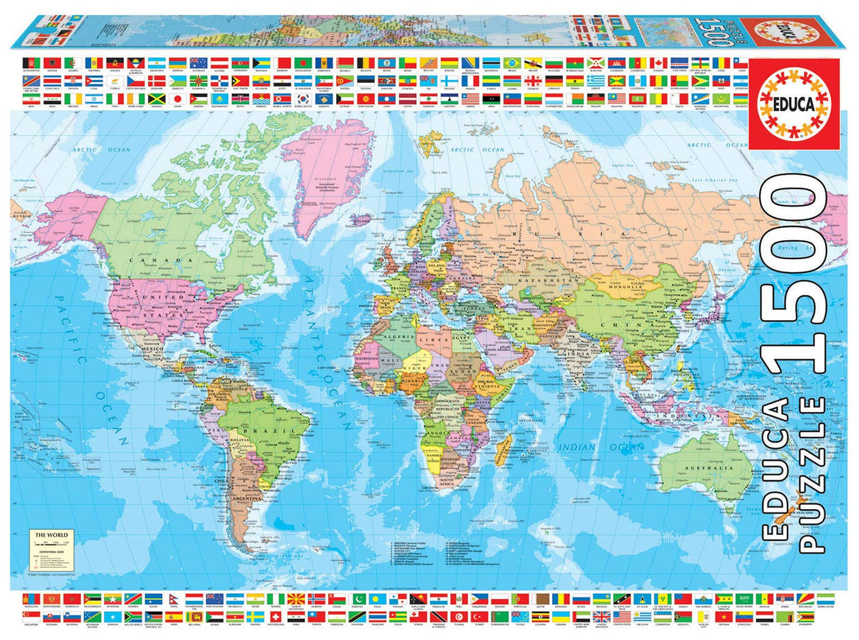 Educa - Political World Map - 1500 Piece Jigsaw Puzzle - Puzzle Glue Included - Completed Image Measures 33.5" x 23.5" - Ages 14+ (18500) Educa