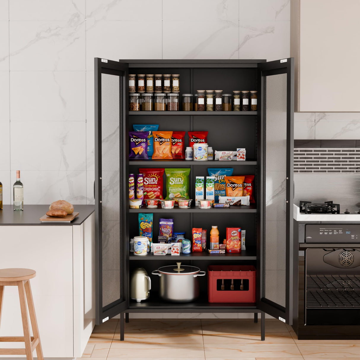 COFaR Metal Mesh Cabinet with 2 Mesh Doors and Adjustable Shelves, Versatile Storage for Kitchen, Laundry Room, Living Room, Office, Curio Display (72" Black) COFaR