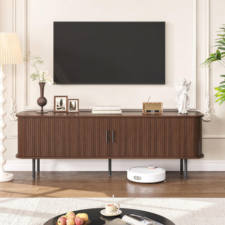 FiveWillowise 63" Mid Century Modern Fluted TV Stand for TVs up to 75 Inch, Gaming Entertainment Center with Tambour Slatted Sliding Doors, Media TV Consoles Table for Living Room, Walnut FiveWillowise