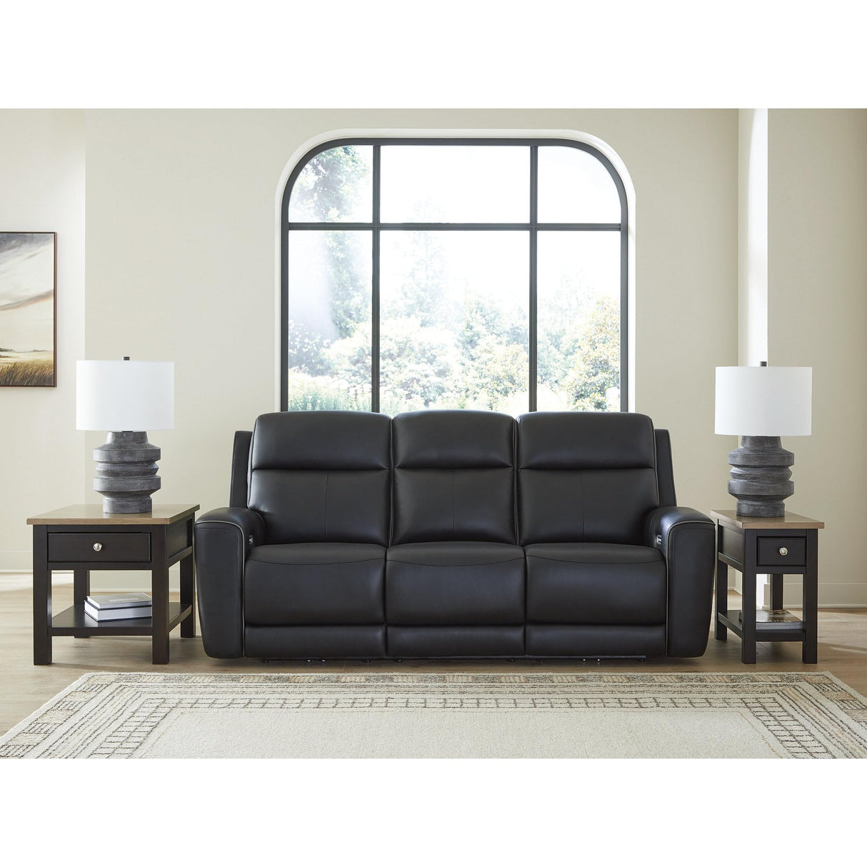 Signature Design by Ashley 5Z-Dreamlight Modern Leather Match Power Reclining Sofa with Drop Down Table, Massage System and Adjustable Headrest, Black Signature Design by Ashley