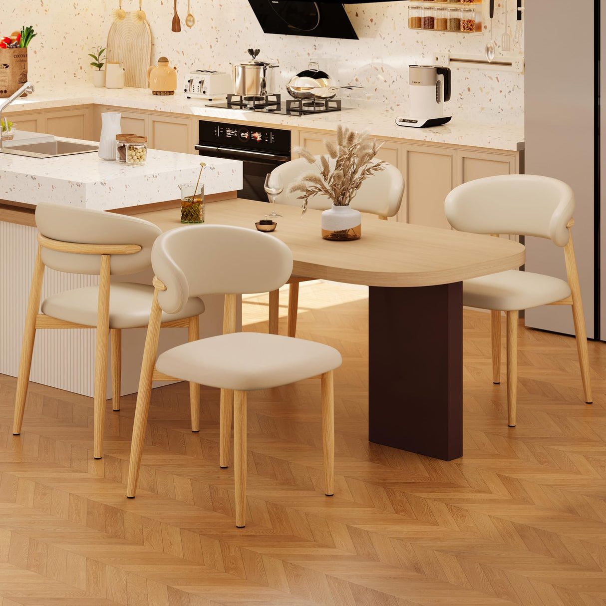 JCAJCA Kitchen Dining Chairs Set of 4 Modern Upholstered Leather Farmhouse Dining Room Chair with Metal Legs, Burlywood/Khaki JCAJCA