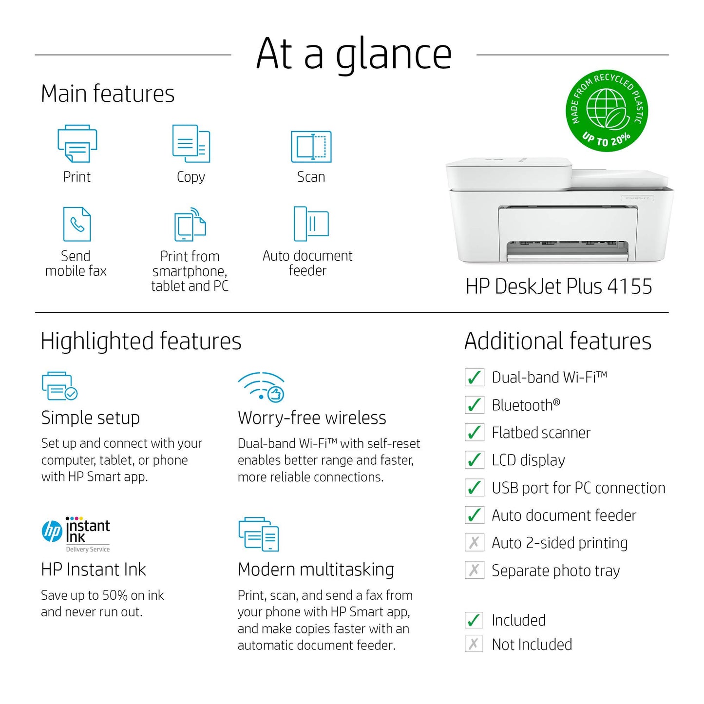 HP DeskJet Plus 4155 Wireless All-in-One Printer - Compact Inkjet Printer with Mobile Printing, Scanner, Copier, Bluetooth, Home Office & WiFi Compatible - 3XV13A (Renewed)