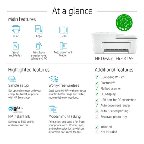 HP DeskJet Plus 4155 Wireless All-in-One Printer - Compact Inkjet Printer with Mobile Printing, Scanner, Copier, Bluetooth, Home Office & WiFi Compatible - 3XV13A (Renewed) HP