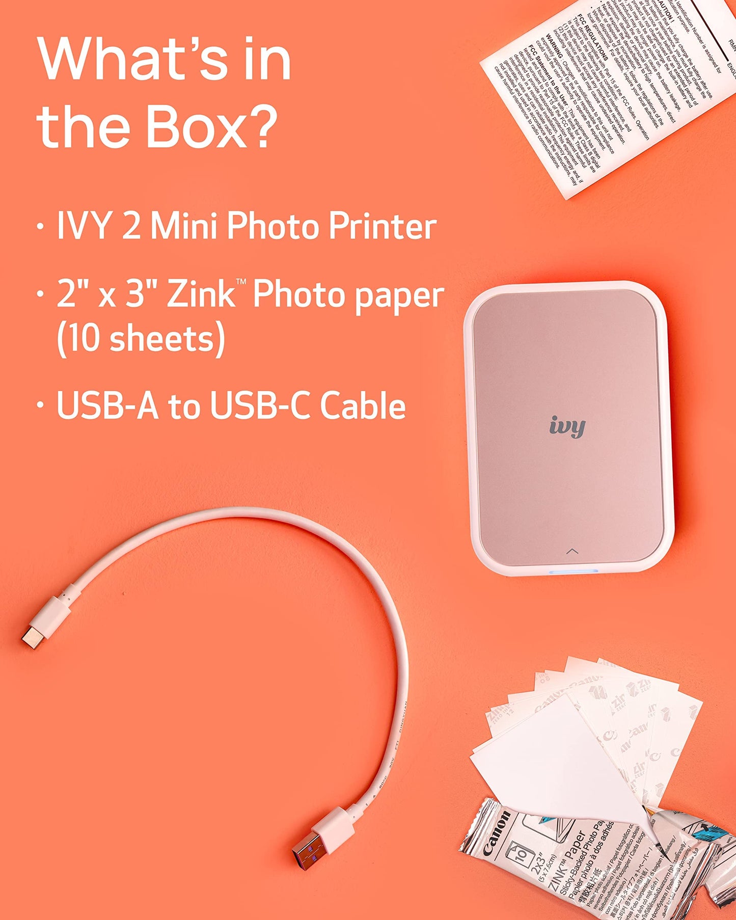 Canon Ivy 2 Mini Photo Printer, Print from Compatible iOS & Android Devices, Sticky-Back Prints, Blush Pink