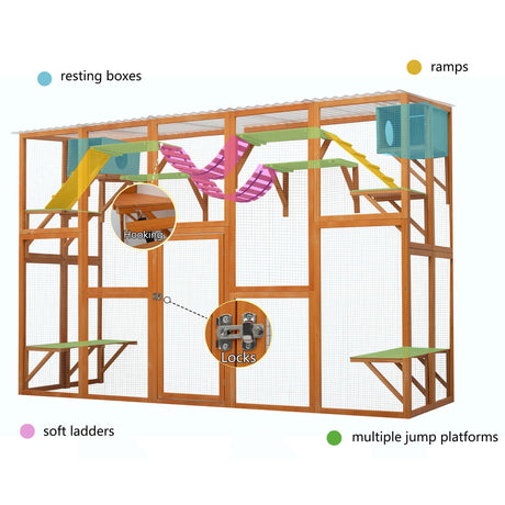 118" Large Wooden Window Catio Outdoor Cat Enclosure Walk in Cat Cage Kitten Playpen Patio with Weatherproof Roof, 6 Platforms, 2 Bouncy Bridges and 2 Resting Houses MegaChoice