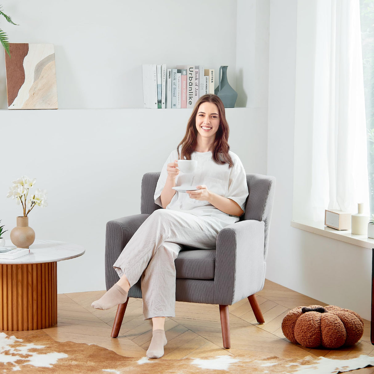 PrimeZone Mid-Century Modern Accent Chair - Comfy Corduroy Living Room Chair, Reading Chair with Button Tufted Design & Wing Back, Cozy Upholstered Armchair for Bedroom, Corner, Grey PrimeZone