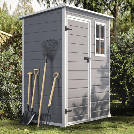 DWVO 5x3 FT Outdoor Storage Shed with Reinforced Floor, All-Weather Resin Storage Shed with Lockable Door & Window, Waterproof Plastic Tool Storage for Garden, Backyard, Patio, Lawn DWVO