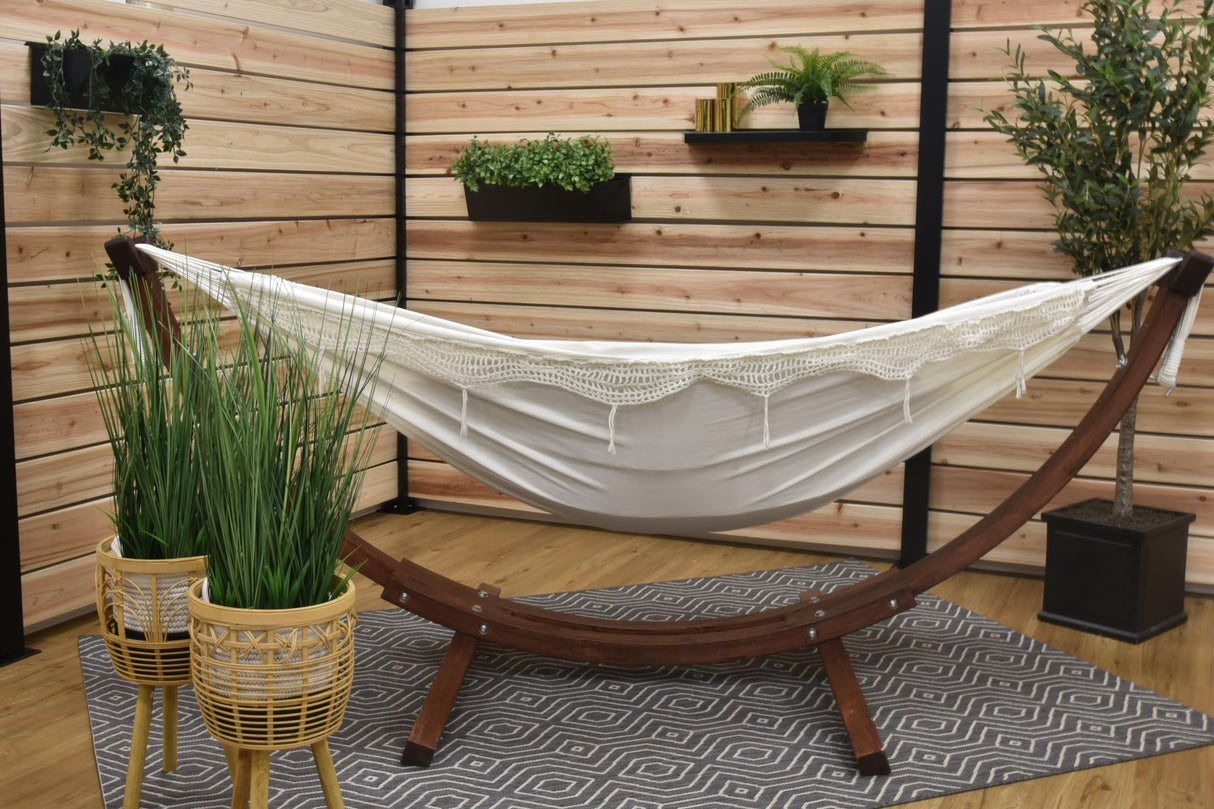 Vivere Double Cotton Hammock with Solid Pine Arc Stand - 450 lb Capacity, Durable FSC Wood Frame, Includes Hardware & User Guide - 450 lb Weight Capacity Vivere