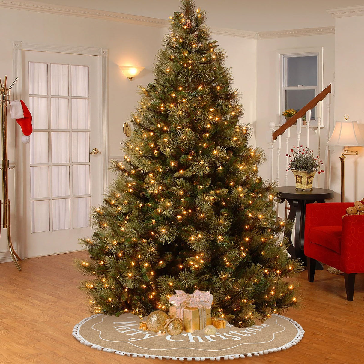 AerWo Christmas Tree Skirt 48 Inches, Burlap Tree Skirt Printed with White Snowflake and Merry Christmas Decor, Brown Tree Skirt for Christmas Decorations New Year Holiday Party Supply Indoor Outdoor AerWo