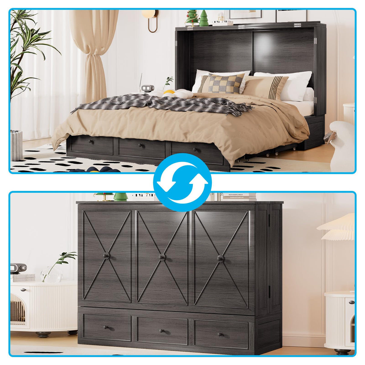 Mjkone Murphy Bed Queen, Cabinet Beds with Mattress and Built-in Charging Station, Wood Murphy Hidden Adult Guest Bed with 2 Storage Drawers, Cabinet Chest Beds for Guest Room Bedroom Home - Grey Mjkone