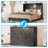 Mjkone Murphy Bed Queen, Cabinet Beds with Mattress and Built-in Charging Station, Wood Murphy Hidden Adult Guest Bed with 2 Storage Drawers, Cabinet Chest Beds for Guest Room Bedroom Home - Grey Mjkone