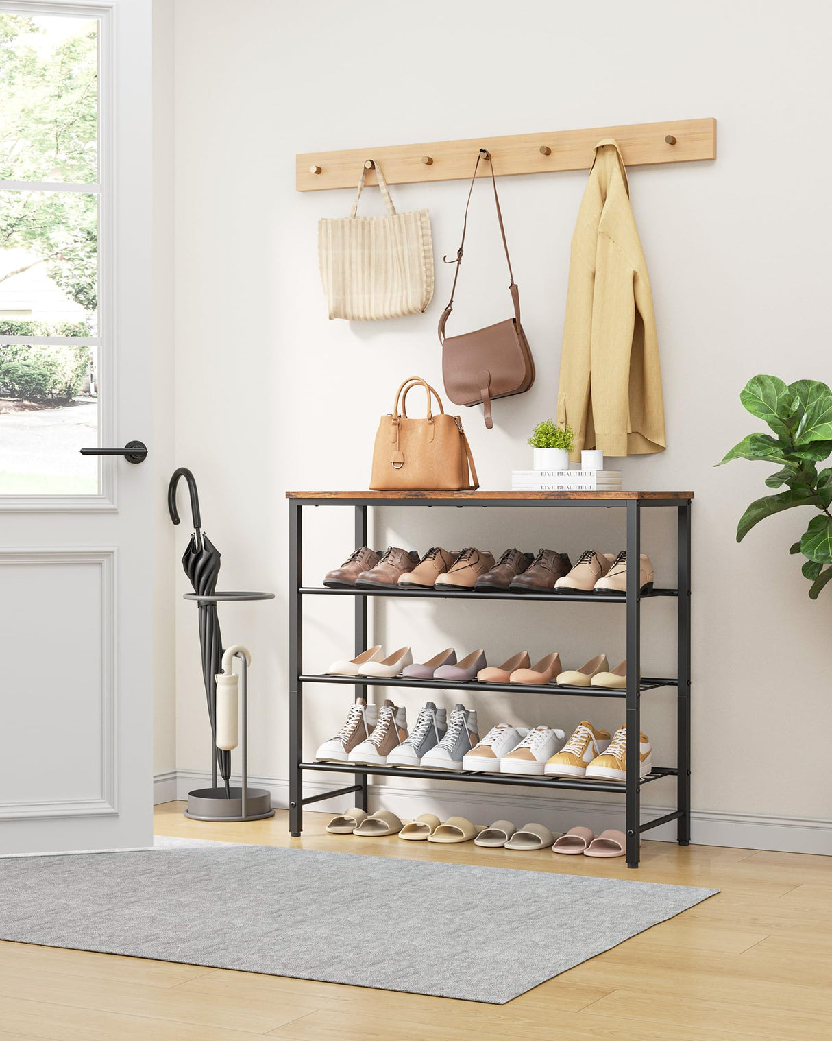 Kitsure Shoe Rack for Closet, Rustic Brown Shoe Organizer with Leveling Feet, Sturdy & Rust-Proof Shoe Storage for Entryway, Bedroom, Living Room, 29.5" x 11.4" x 24.8", Brown Kitsure