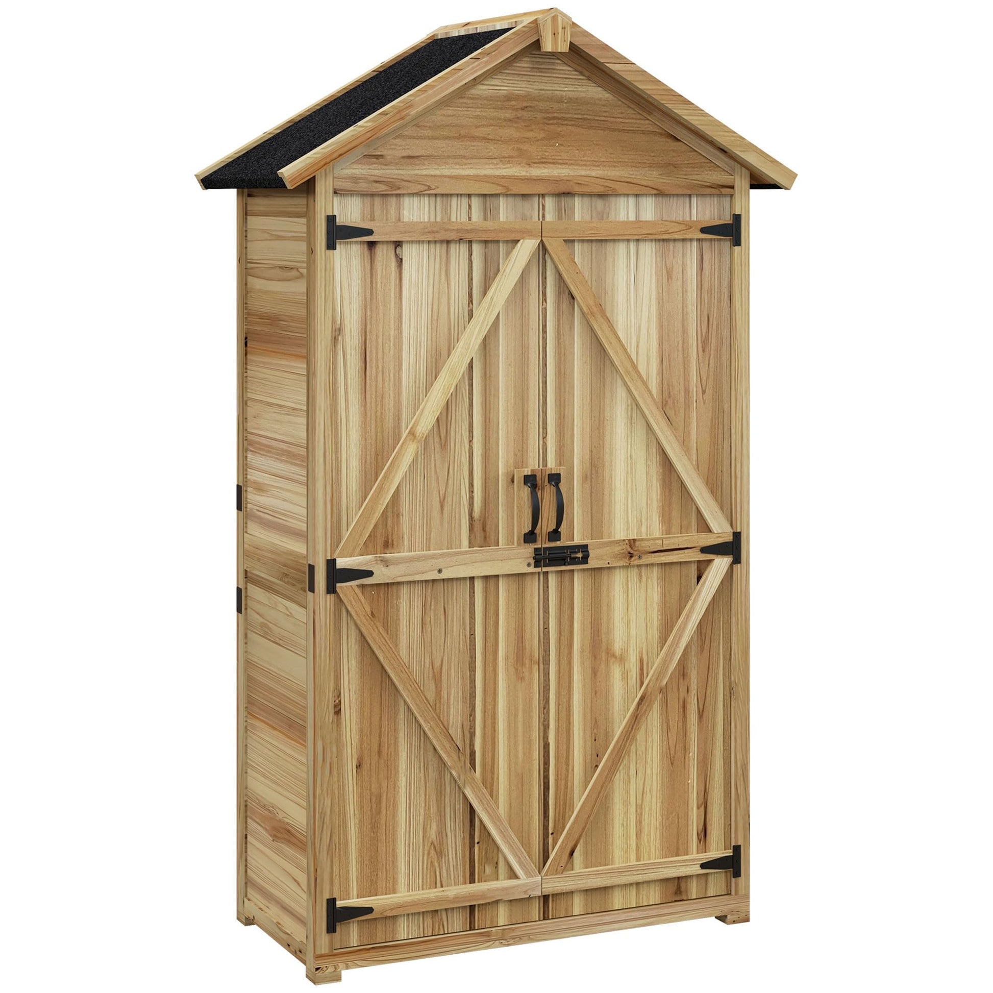 Outsunny Outdoor Storage Cabinet with Waterproof Asphalt Roof, Wooden Garden Shed with Double Lockable Doors and Shelves, Wood Tool Shed for Backyard, Patio, Lawn, Natural - WoodArtSupply