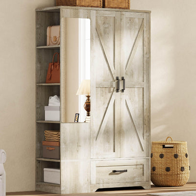 LIKIMIO Armoire Wardrobe Closet 70 Inches, Large Storage with Mirror, 2 Doors, Drawer, and Shelves, Modern Bedroom Freestanding Wooden Wardrobe Combination with Hanging Rail, Rustic Maple