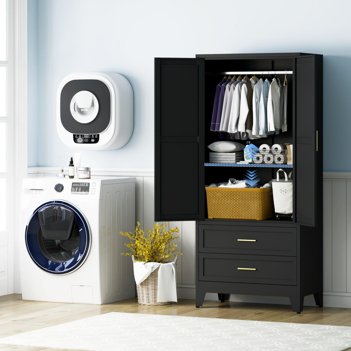 FIRMET Metal Wardrobe Closet Cabinet with Drawers,71" H Large Bedroom Armoires with Shelves and Hanging Rod,Wardrobe Storage Cabinet with 2 Doors, 1 Adjustable Shelf and 2 Drawers FIRMET