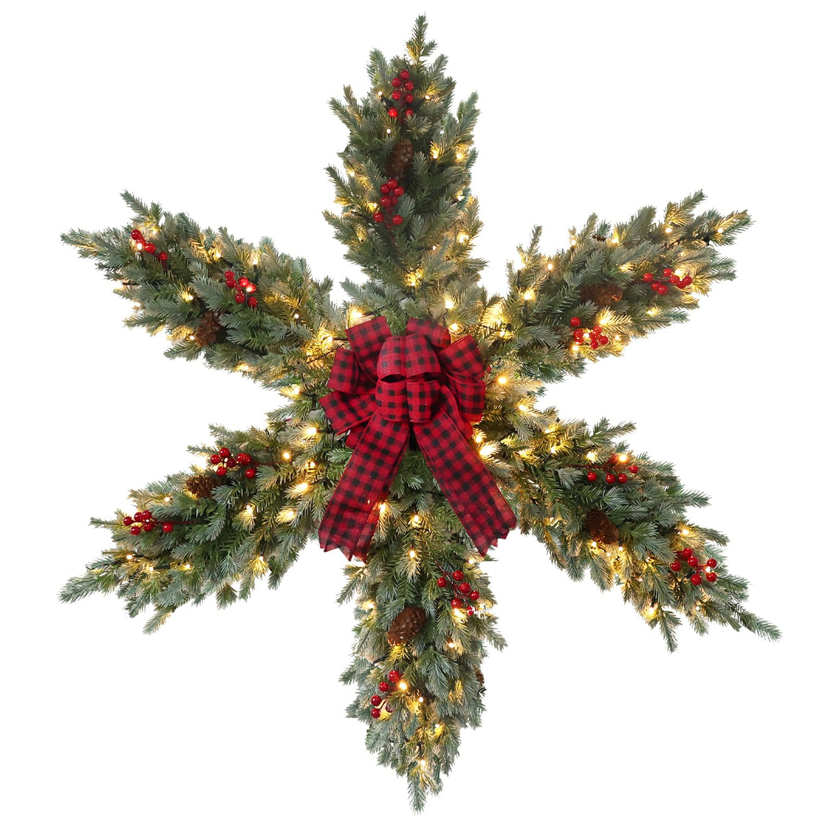 YEAHOME 48 Inch Large Christmas Wreath, 4 FT Pre-Lit Christmas Star Wreaths for Front Door with 120L Warm White LED Lights, Bow-tie, Berries, Pine Cones for Xmas Outdoor Indoor Wall Home Decorations YEAHOME