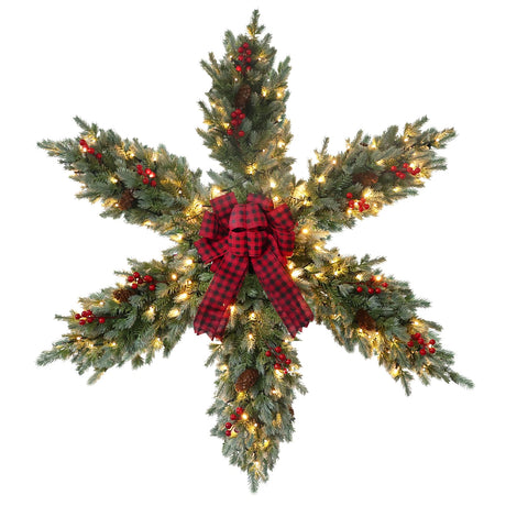 YEAHOME 48 Inch Large Christmas Wreath, 4 FT Pre-Lit Christmas Star Wreaths for Front Door with 120L Warm White LED Lights, Bow-tie, Berries, Pine Cones for Xmas Outdoor Indoor Wall Home Decorations YEAHOME