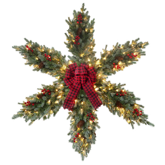 YEAHOME 48 Inch Large Christmas Wreath, 4 FT Pre-Lit Christmas Star Wreaths for Front Door with 120L Warm White LED Lights, Bow-tie, Berries, Pine Cones for Xmas Outdoor Indoor Wall Home Decorations