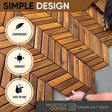 Interlocking Deck Tiles Herringbone - Snap Together Wood Flooring | 12 x 12 Acacia Hardwood Outdoor Flooring for Patio | Click Floor Decking Tile (8, Herringbone) Majestick Goods