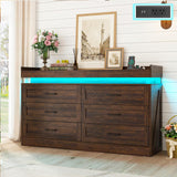 Hlivelood 59" Large Farmhouse 6 Drawers Dresser for Bedroom,Wide Wood Rustic 6 Chests of Drawers for Closet, with LED Light and Power Outlets,Tall Storage Dresser Organizer for Bedroom(Antique Brown) Hlivelood