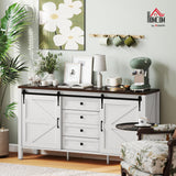 HOMCOM 59 Inch Farmhouse Sideboard Buffet Cabinet with Thick Top, Coffee Bar Cabinet with 2 Sliding Barn Doors, 4 Drawers and 2 Adjustable Shelves for Kitchen, Distressed White HOMCOM