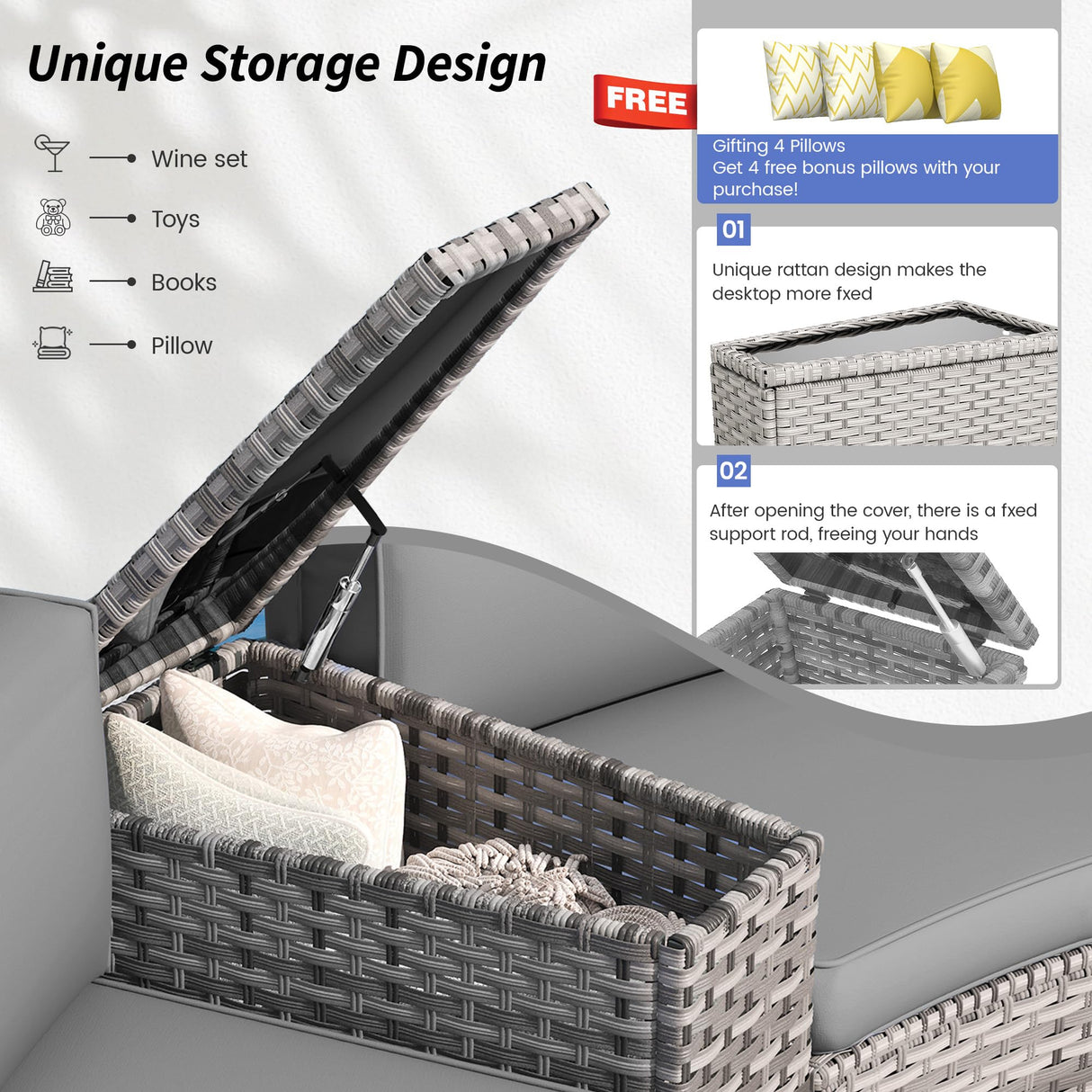 VONZOY Patio Sectional Furniture Outdoor 12-Piece Grey Rattan Curved Sofa Set with Fire Pit Table,Storage Table,Pillows,Fit for Pool Backyard Balcony Porch Lawn (Grey) VONZOY