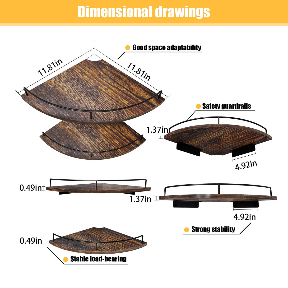 FNBAR Corner Floating Shelves, Rustic Brown Wood, Set of 2, Wall Mount Storage with Guardrail for Bathroom Kitchen Living Room FNBAR