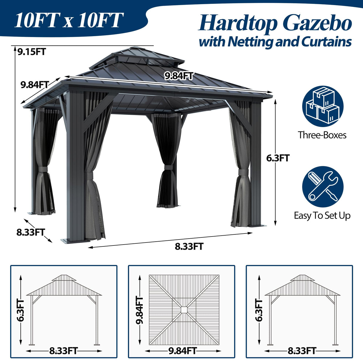 COVERONICS 10' x 10' Outdoor Galvanized Hardtop Gazebo - Aluminum Heavy-Duty Double Roof Vented Gazebo with Breathable Netting & Privacy Curtains for Patio, Porch, Garden, Lawn COVERONICS