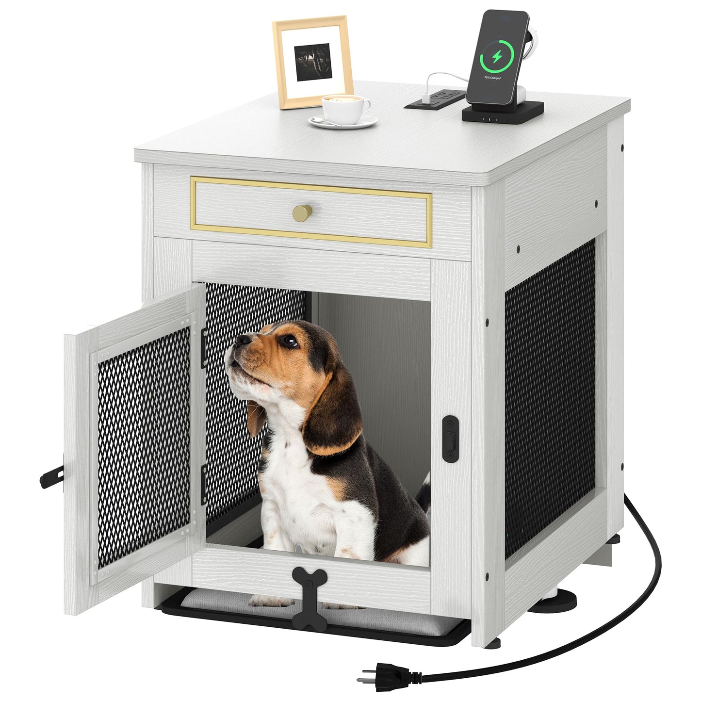 YITAHOME Dog Crate Furniture with Dual USB Charger, Wooden Dog Kennel End Table with Cushion Tray, Drawer for Small Dogs Under 25 lbs Indoor Use, White - WoodArtSupply