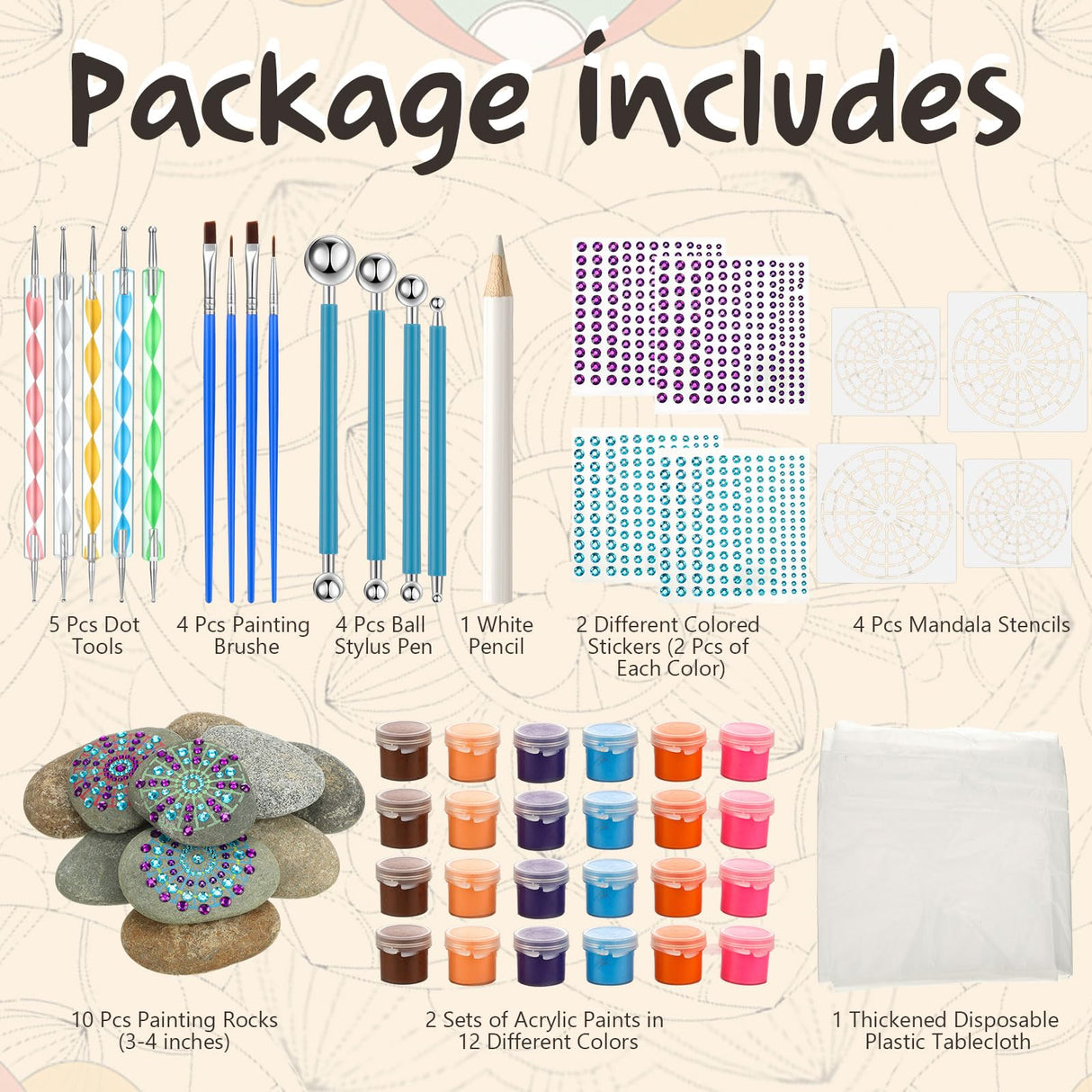 RoundFunny Mandala Rock Painting Kit - 10 Pcs Flat Rocks for Painting 3-4 Inches, Mandala Dotting Tools Kit, Mandala Stencils, Acrylic Paints, Dotting Tools for Painting Rocks for DIY Arts & Crafting RoundFunny