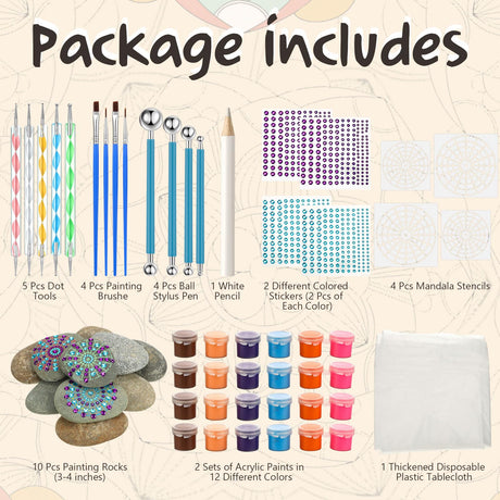 RoundFunny Mandala Rock Painting Kit - 10 Pcs Flat Rocks for Painting 3-4 Inches, Mandala Dotting Tools Kit, Mandala Stencils, Acrylic Paints, Dotting Tools for Painting Rocks for DIY Arts & Crafting RoundFunny