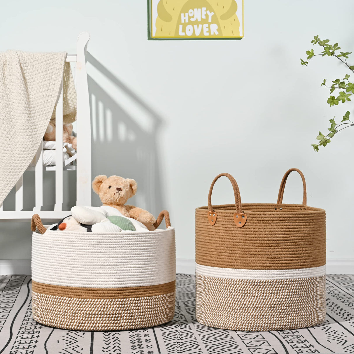 KAKAMAY Large Blanket Basket (20"x13"),Woven Baskets for storage Baby Laundry Hamper, Cotton Rope Blanket Basket for Living Room, Laundry, Nursery, Pillows, Baby Toy chest (White/Brown) KAKAMAY