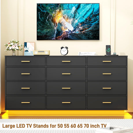 12 Drawers Dresser W/Power Outlets for Bedroom, 63inch Drawer Dressers W/6000 Colors Lights, Wood Tall Dresser Storage Organizer,Black Chest of Drawers for Closet, Hallway, Entryway, Living Room jiteentarou
