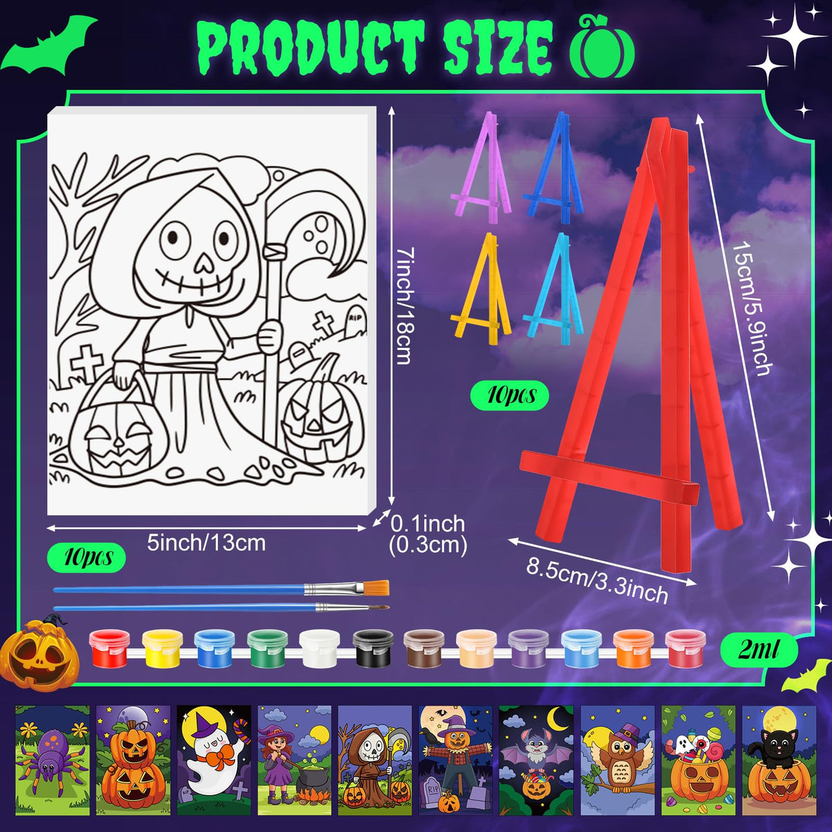 Blosssound 10 Set Halloween Pre Printed Canvas Pre Drawn Canvas Painting with Easel Kits 5" x 7" Outline Painting Panels for Beginners, DIY Craft Project, Party Favor, Home Decors Blosssound