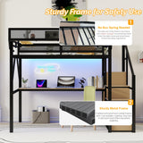 Mirightone Full Size Loft Bed with Stairs & Desk, Metal Loft Bed Frame with LED and Charging Station, High Loft Beds Gaming Lofted Full Bed with Storage Shelf for Kids and Teens (Black+Natural) Mirightone